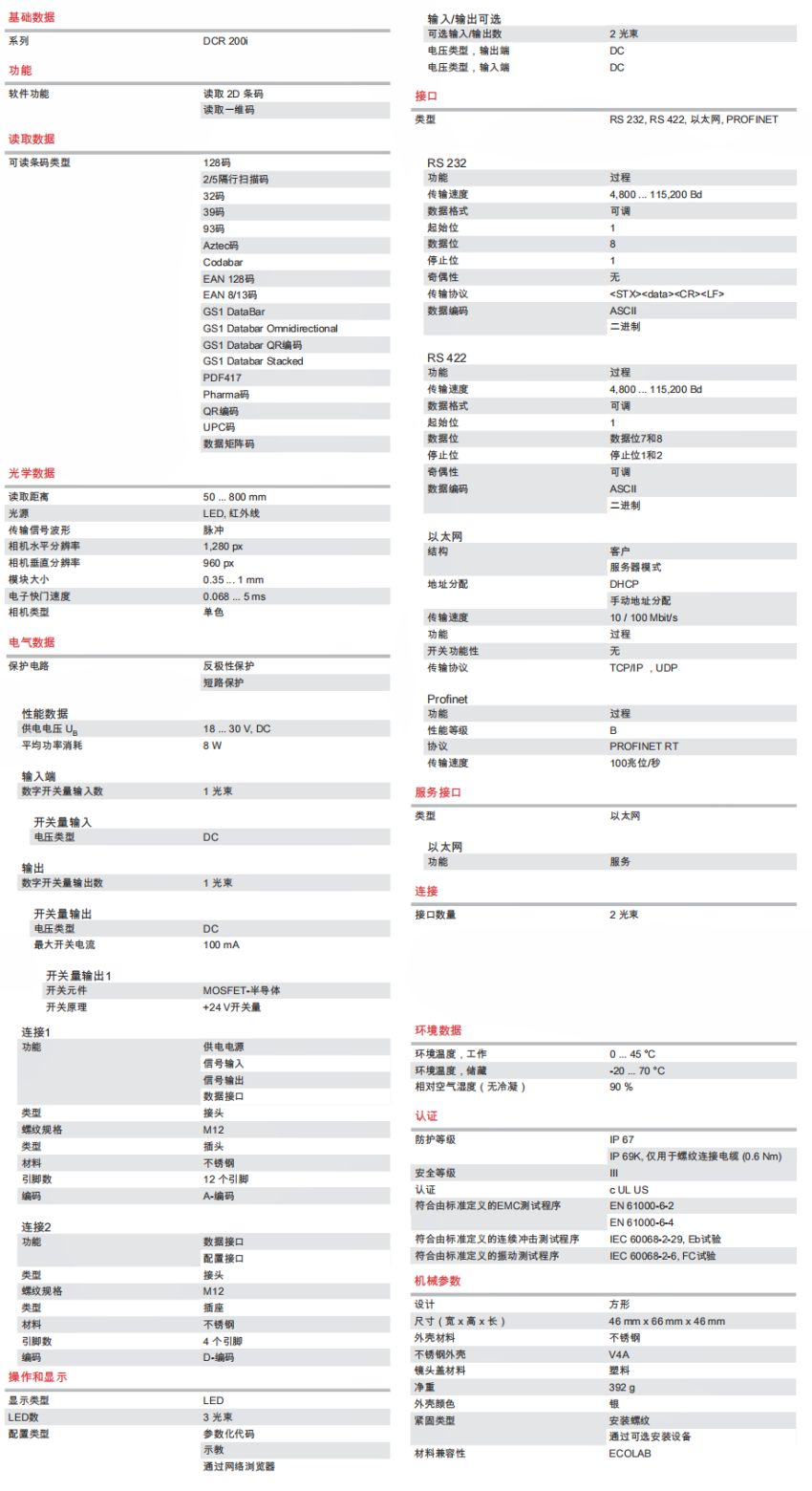 DCR 248i FIX-L1-102-I3-V 條碼閱讀器的技術規(guī)格明細表